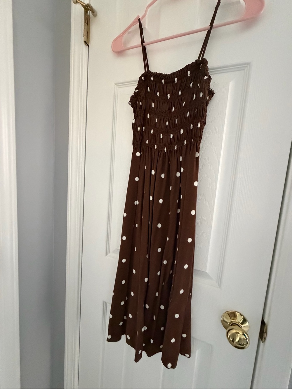 H&M Brown Midi Dress with White Polka Dots